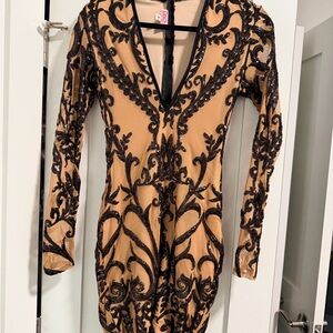 Beaded Deep V-Neck Cocktail Dress in Nude and Black